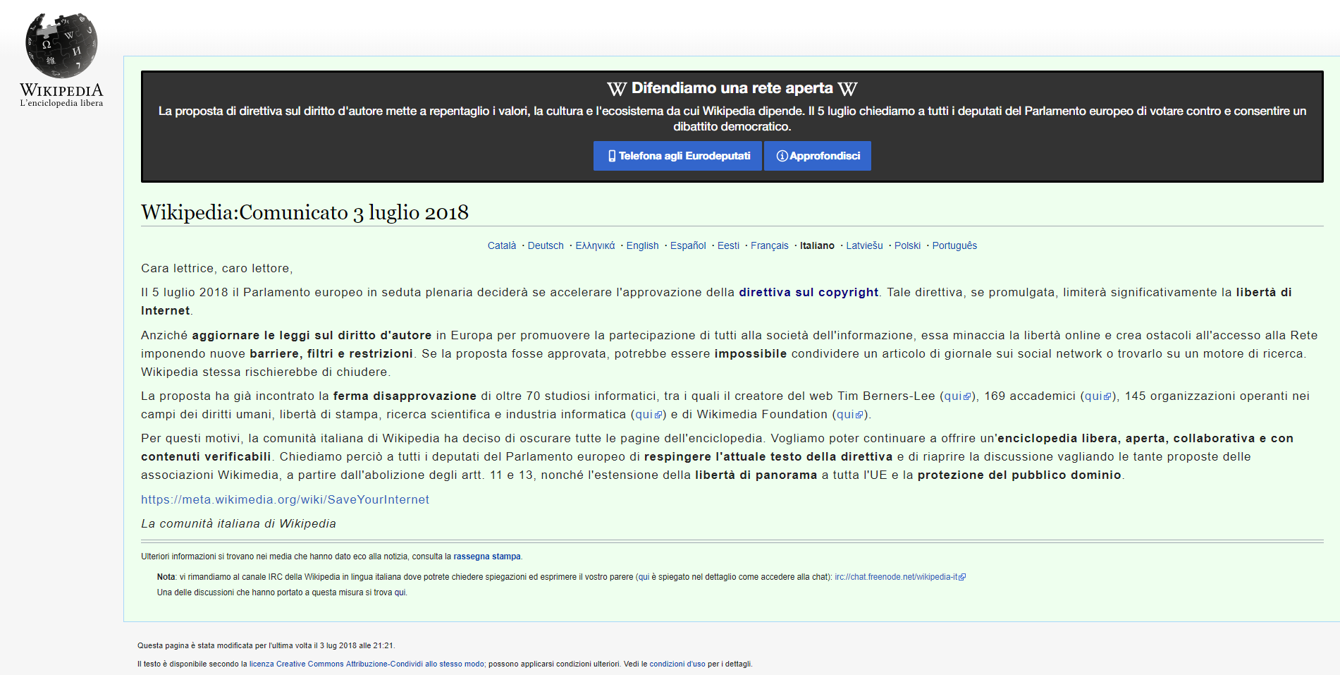 Comunicato Wikipedia 3 Luglio